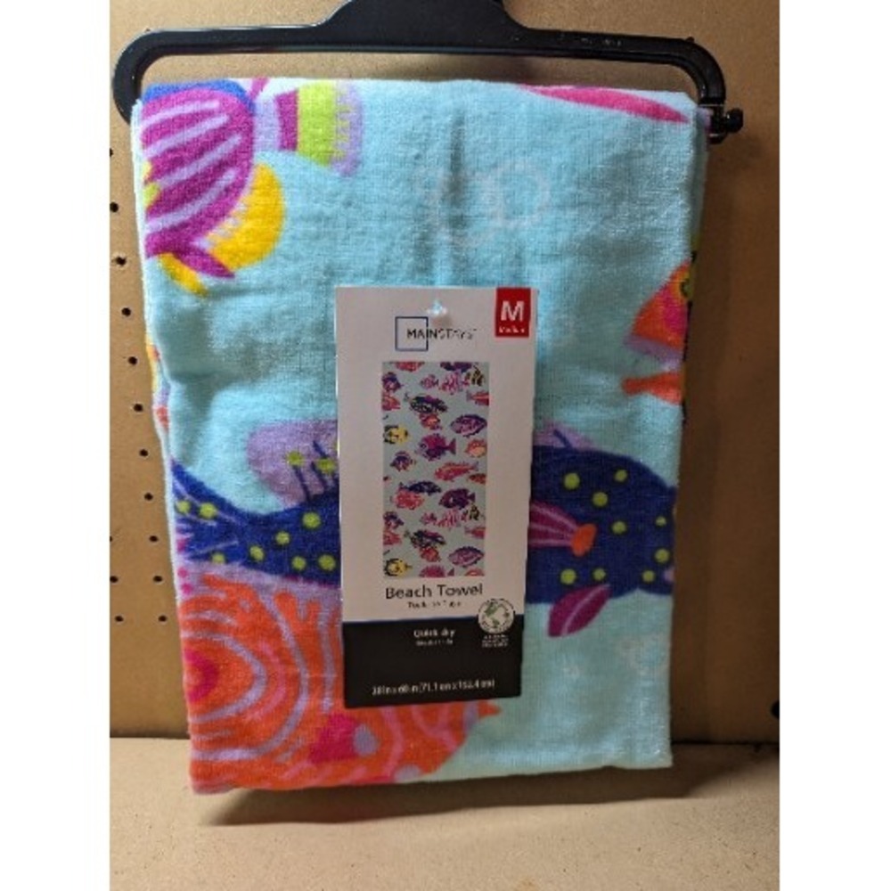 Mainstays Medium Beach Towel 28X60 Blue with Fish Quick Dry Recycled Polyester